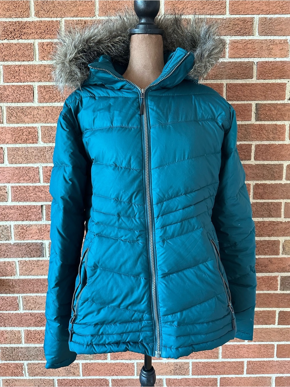 Columbia Women's Teal Hooded Down Puffer Icy Heights Jacket Full Zip, Size XL